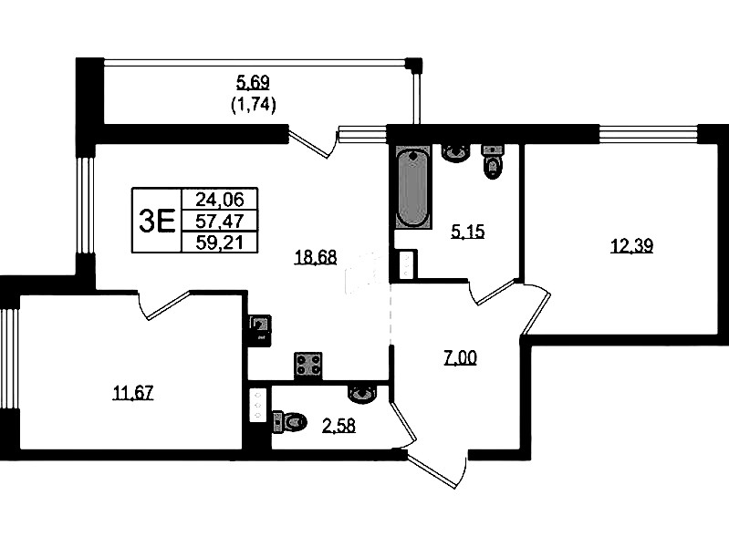 2-комнатная квартира 59.21 м², 10/18 эт., ЖК «Южная Нева»